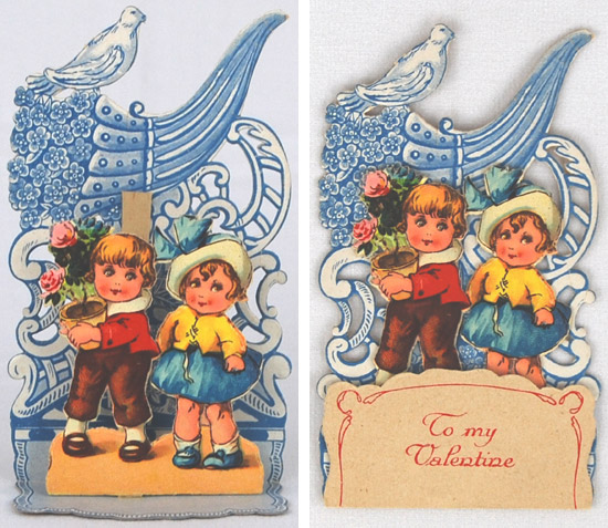 Glückwünsche zum Valentinstag auf einer viktorianischen Grußkarte: ein Blumengruß - er bringt ihr einen Topf Blumen.